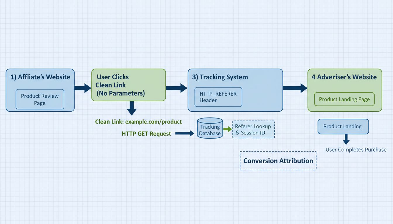 Schéma du flux de suivi des liens directs montrant la transmission du HTTP Referer du site affilié à l'annonceur