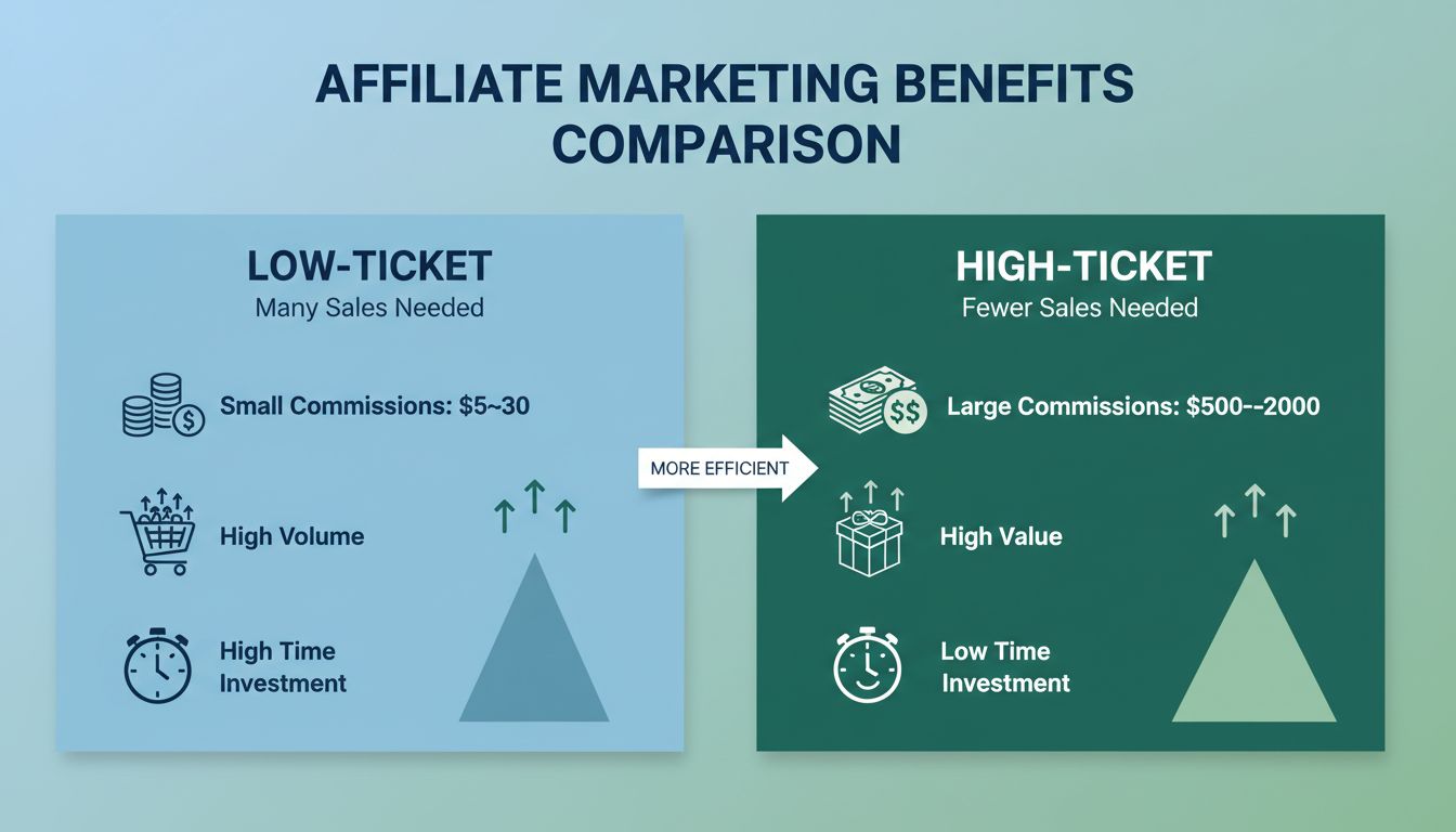 Comparatif infographique entre affiliation à forte et faible commission montrant la différence de commissions et de volume de ventes nécessaires