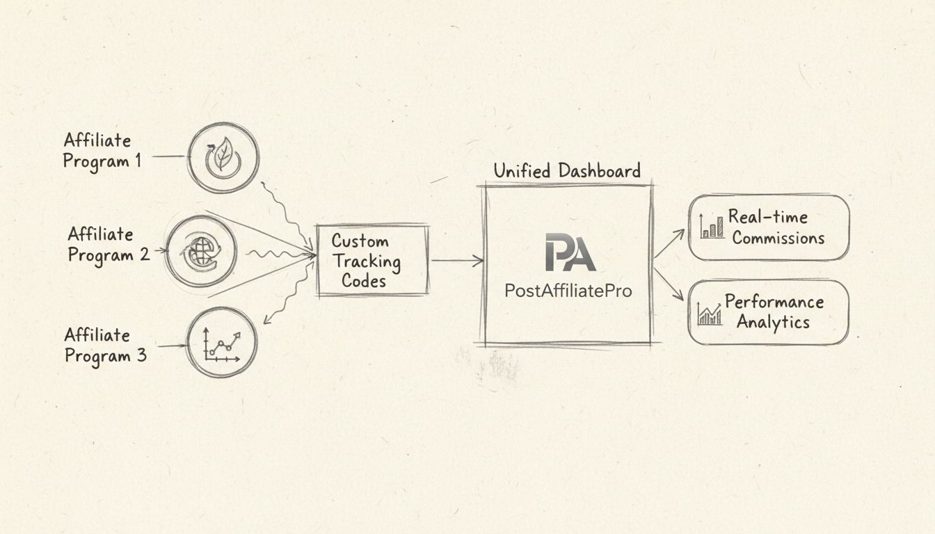 Diagramme du flux de travail des codes de suivi d'affilié personnalisés montrant la consolidation de plusieurs programmes d'affiliation dans le tableau de bord unifié de PostAffiliatePro avec suivi des commissions en temps réel et analyses de performance