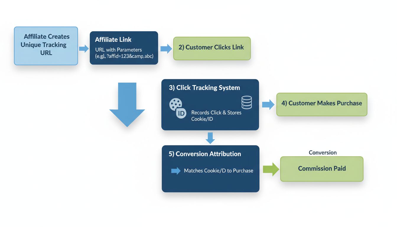 Schéma du flux de suivi d'URL montrant la création de lien d'affiliation, le clic du client, le système de tracking, l'achat et l'attribution de la commission