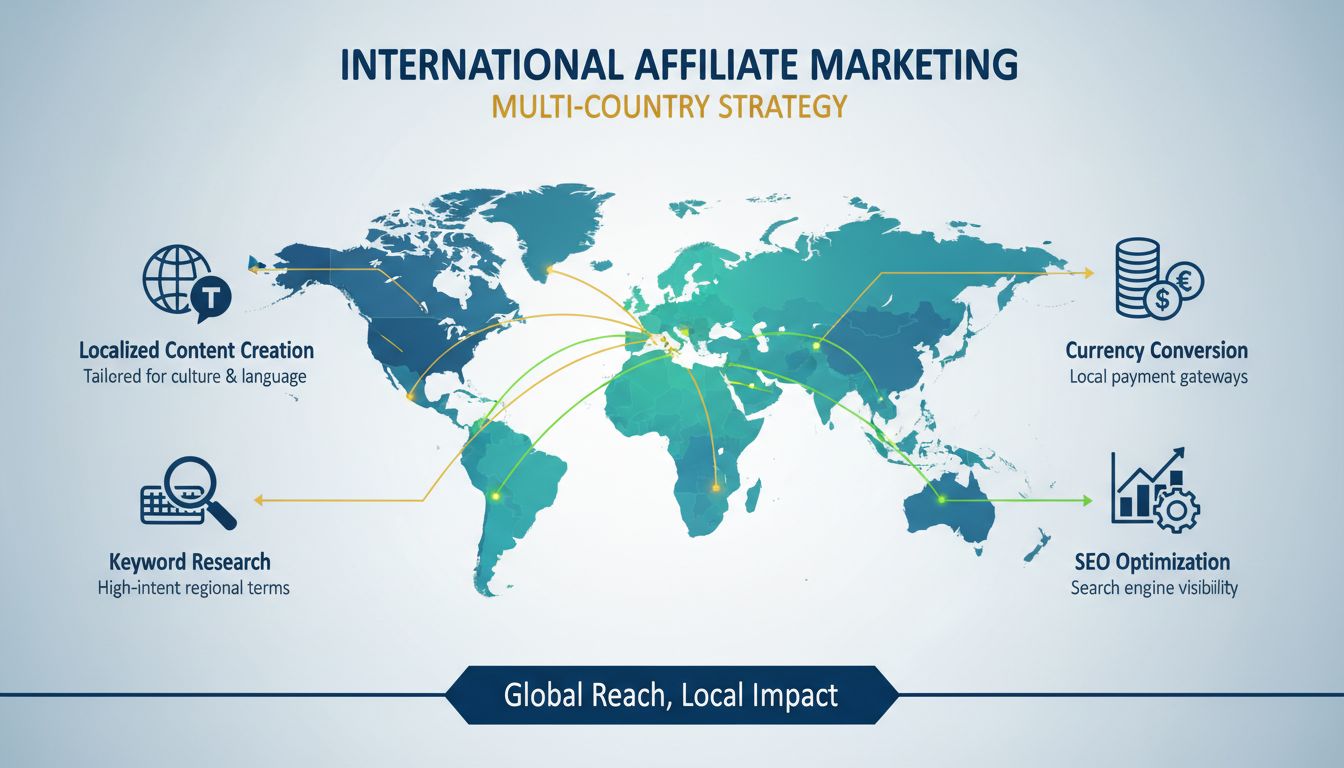 Stratégie d'affiliation SEO internationale illustrée, approche multi-pays avec contenu localisé et optimisation régionale