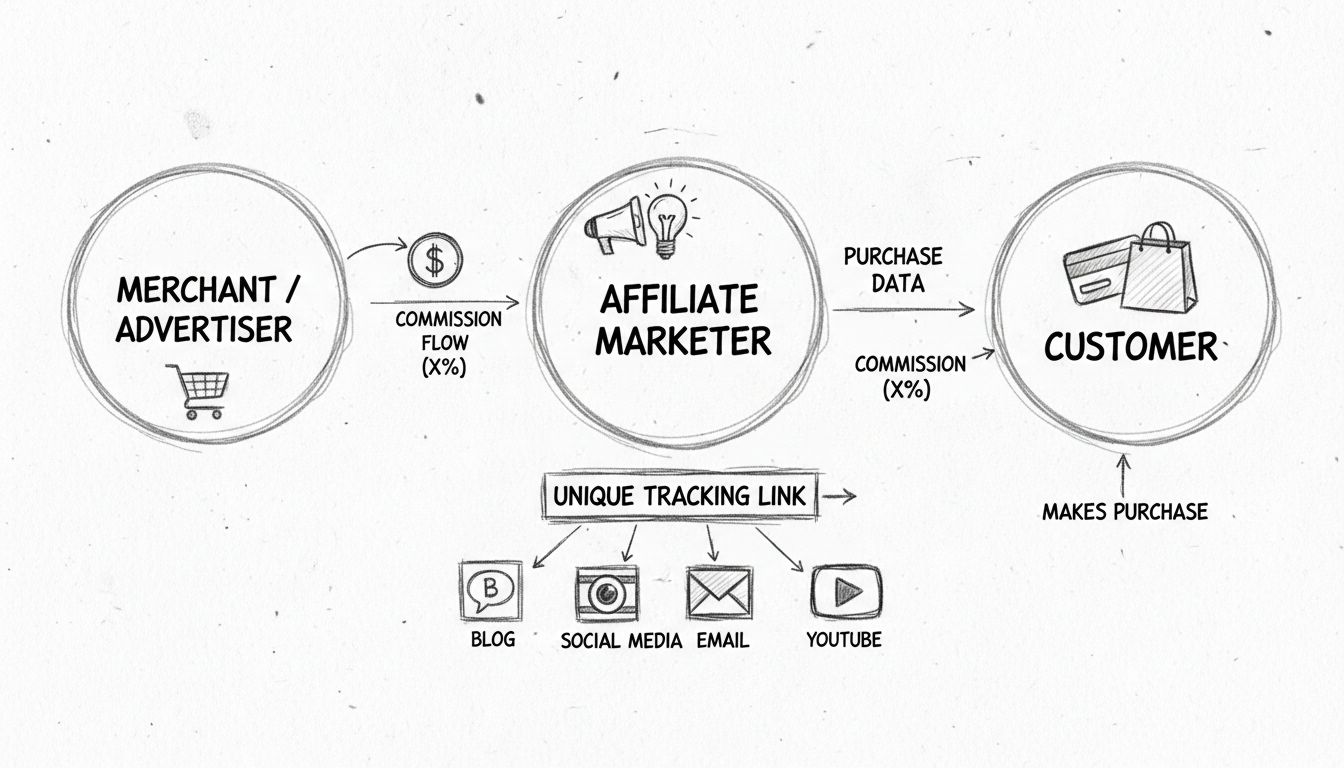 Diagramme de l'écosystème du marketing d'affiliation montrant le commerçant, le marketeur affilié avec lien de suivi, et le parcours d'achat du client avec flèches de commission