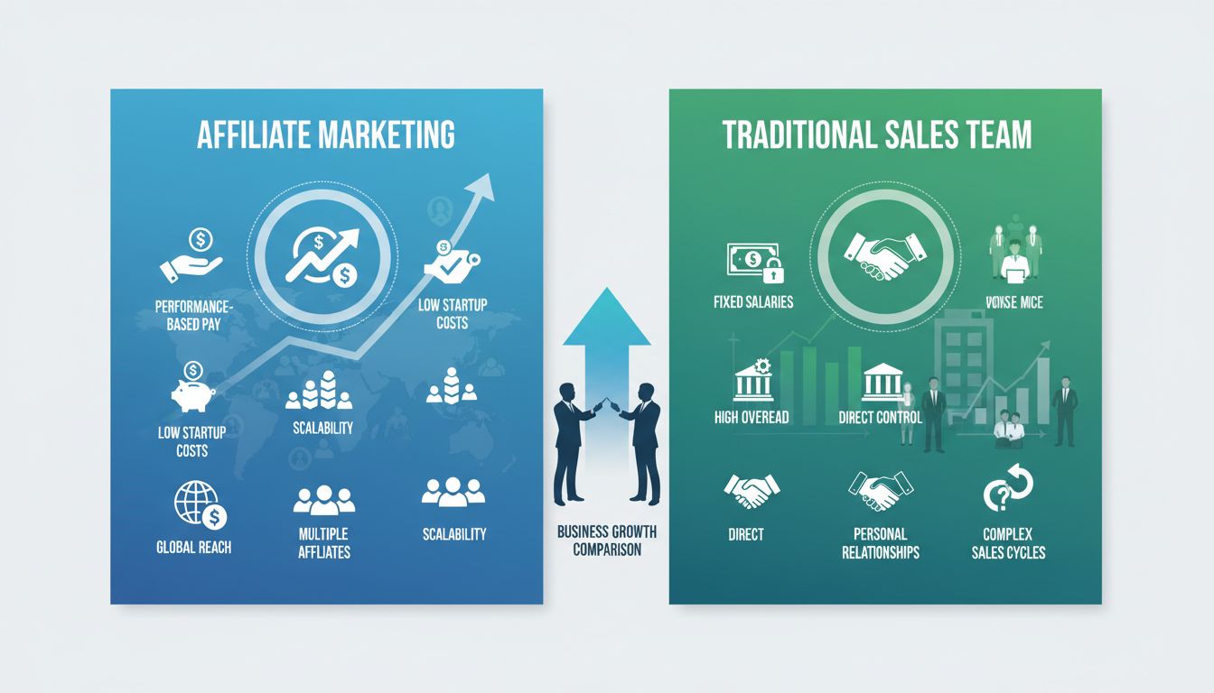 Infographie comparative du marketing d'affiliation et du recrutement de commerciaux, montrant les différences de coût, la scalabilité et les avantages clés de chaque approche