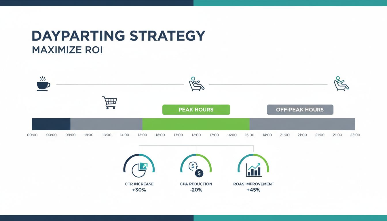 Infographie de stratégie de dayparting montrant une chronologie de 24 heures, avec les heures de pointe et creuses, les indicateurs de performance incluant l'augmentation du CTR, la réduction du CPA et l'amélioration du ROAS