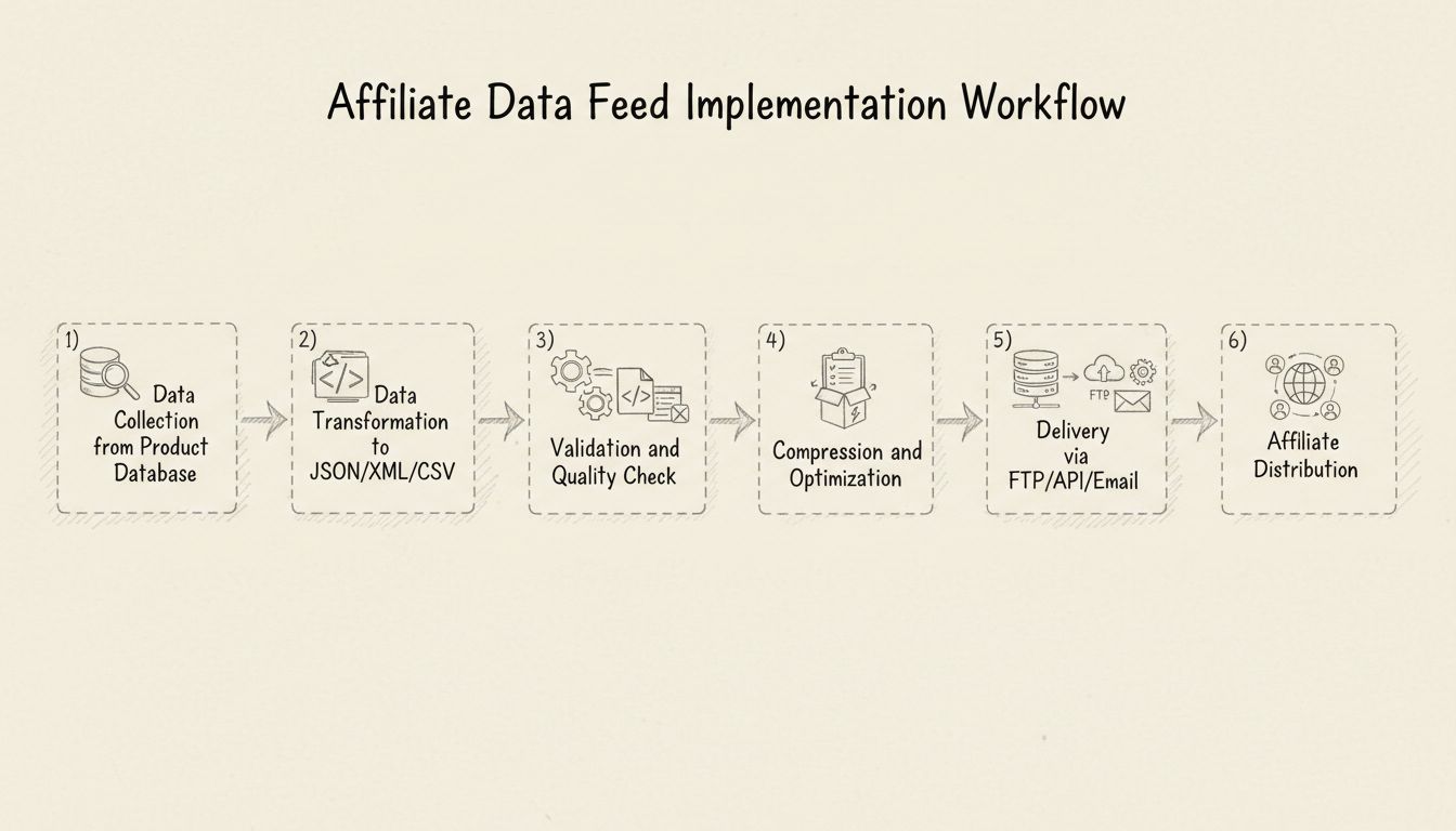 Schéma du flux de données affilié illustrant les étapes de collecte, transformation, validation, compression, livraison et distribution des données