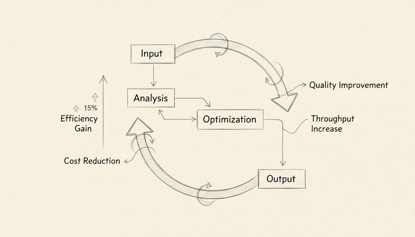 Schéma du processus d’optimisation montrant l’analyse des entrées, les cycles d’optimisation et des résultats améliorés avec une flèche ascendante