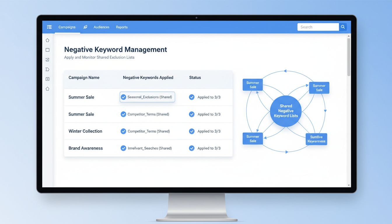 Tableau de bord montrant l’interface de gestion des mots-clés négatifs avec plusieurs campagnes et listes partagées appliquées simultanément