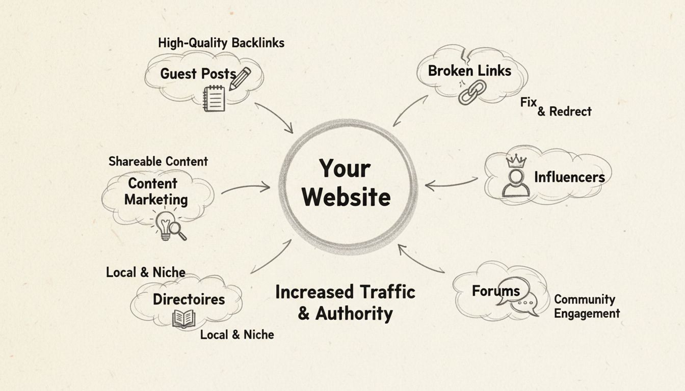 Schéma dessiné à la main montrant une stratégie de liens entrants avec un site central relié à plusieurs sources de liens telles qu'articles invités, content marketing, annuaires, forums et influenceurs