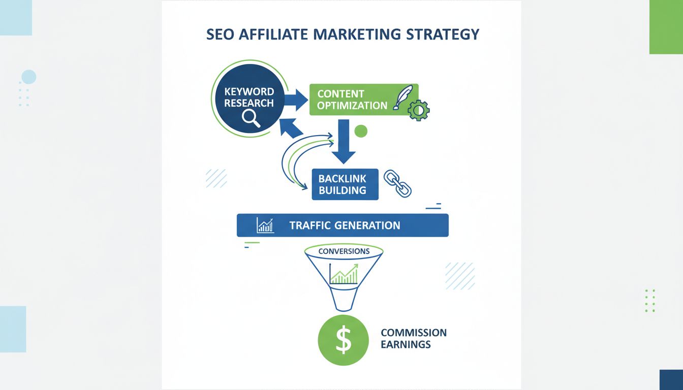 Infographie sur la stratégie de marketing d'affiliation SEO montrant la recherche de mots-clés, l'optimisation du contenu, la création de backlinks, la génération de trafic et le flux de gains de commissions
