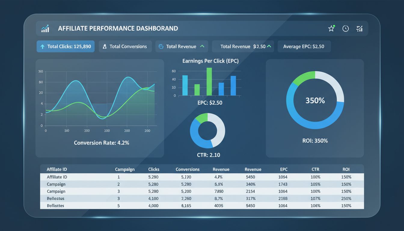 Tableau de bord des indicateurs de performance d’affiliation affichant taux de conversion, EPC, CTR et analyse du ROI