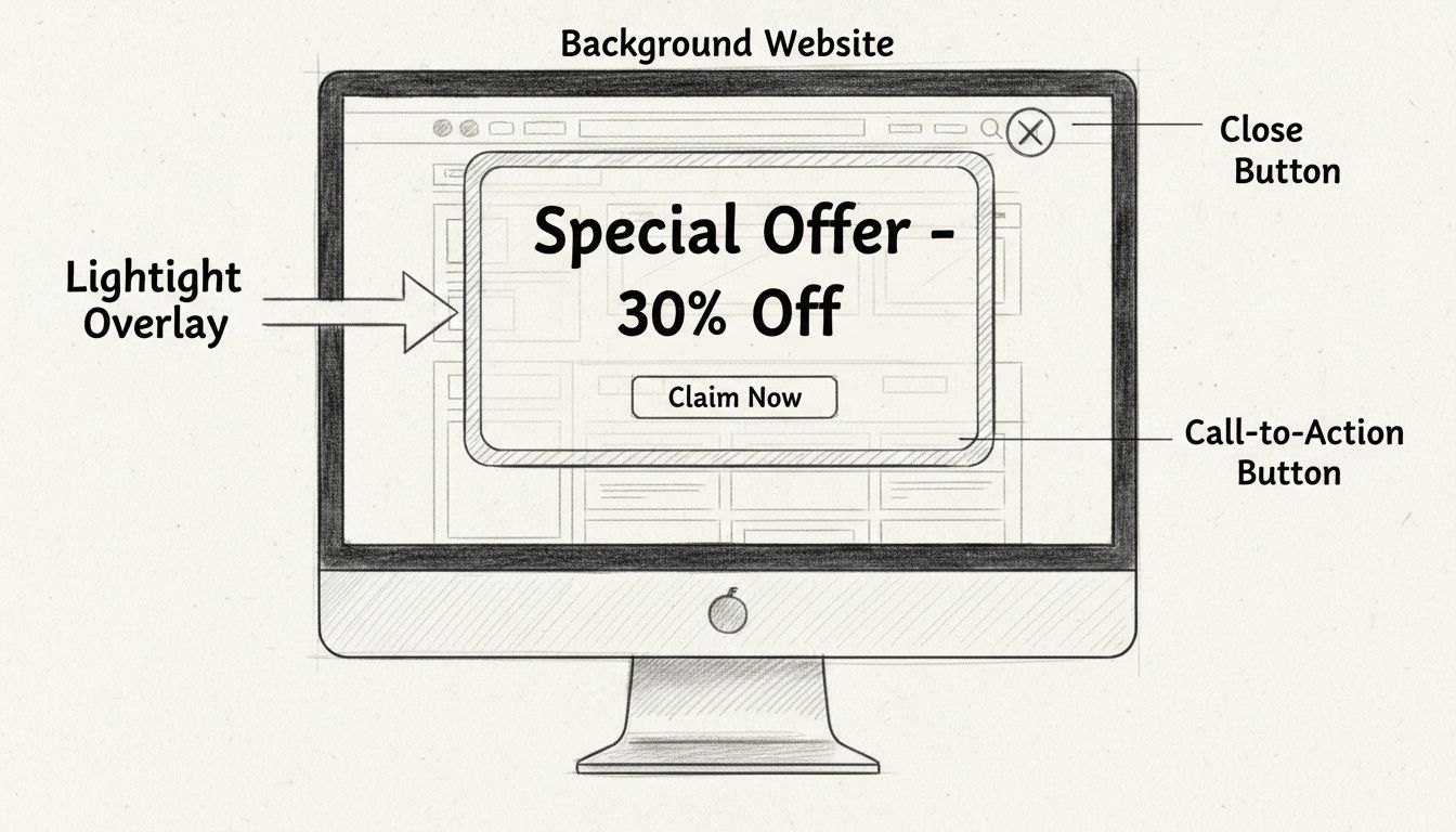 Schéma dessiné à la main montrant la structure d'une bannière lightbox avec superposition, bouton d'appel à l'action, bouton de fermeture et éléments du site web en arrière-plan