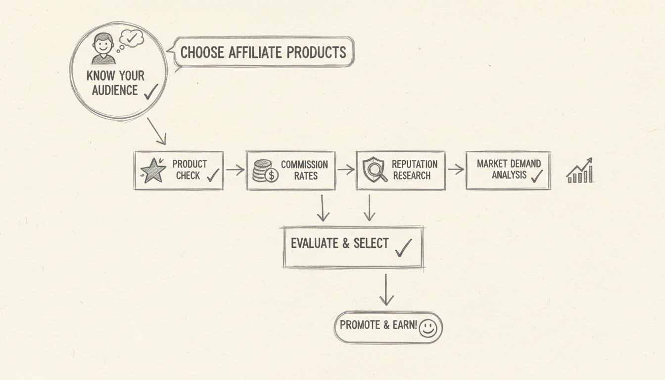 Organigramme illustrant le processus de décision pour choisir des produits d'affiliation avec les critères d'évaluation clés