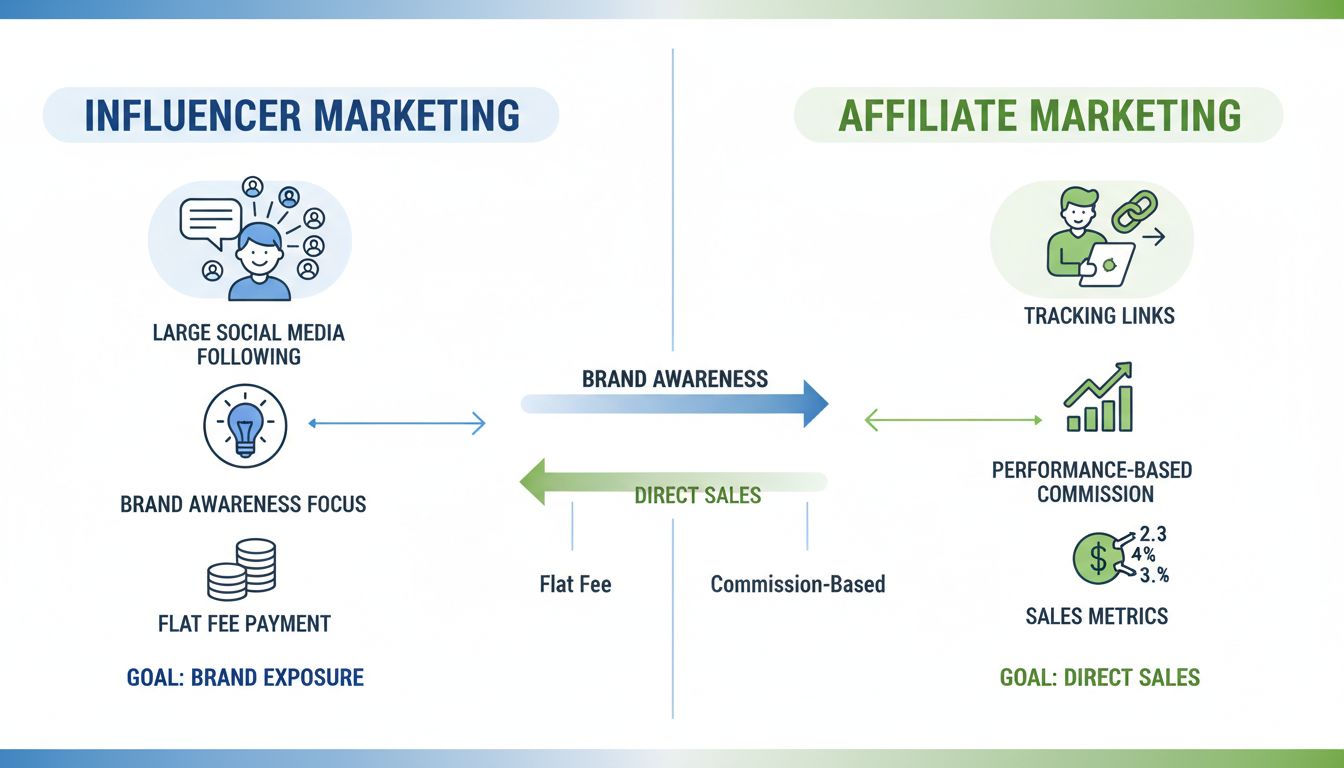 Diagramme comparatif montrant le marketing d'influence vs le marketing d'affiliation avec les principales différences d'objectifs, de modèles de paiement et de métriques