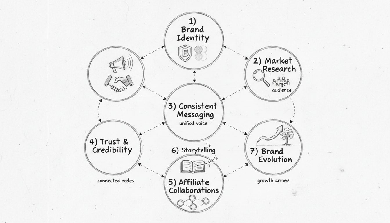 Diagramme des sept éléments clés du développement de marque montrant l'identité de marque, la recherche de marché, le message cohérent, la confiance et la crédibilité, les collaborations d'affiliation, le storytelling et l'évolution de la marque