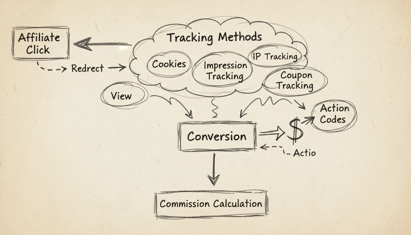 Schéma des méthodes de tracking affilié montrant les cookies, le tracking IP, le suivi des impressions, les codes promo et le suivi des actions du clic affilié jusqu’à la conversion et au calcul de la commission