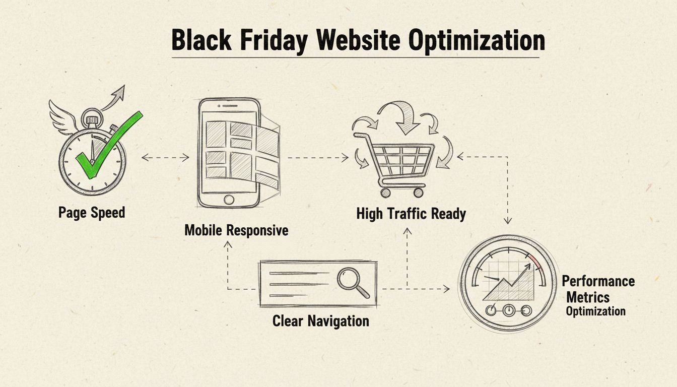 Schéma d’optimisation de site web illustrant la vitesse de chargement, la réactivité mobile, la navigation claire et la préparation au fort trafic pour le Black Friday
