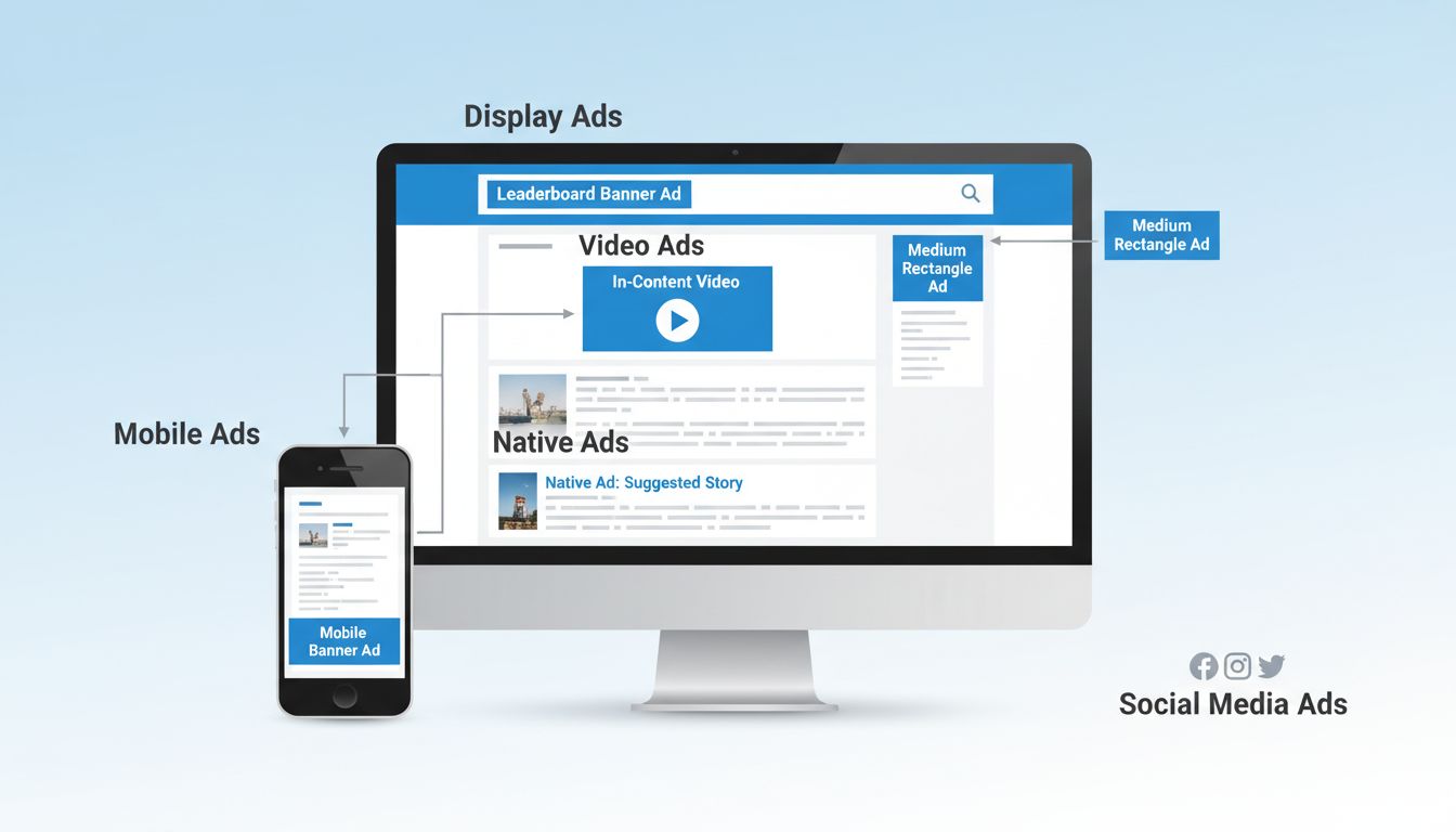 Diagramme des types de placement publicitaire en marketing digital montrant différents formats sur site web et mobile