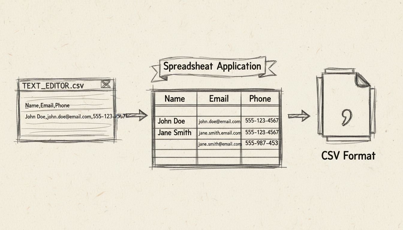 Diagramme des méthodes d'édition de fichiers CSV montrant éditeur de texte, application de tableur et format CSV