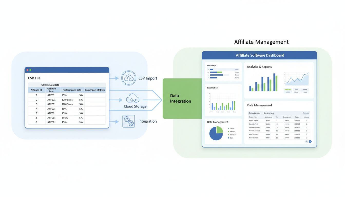 Intégration de fichier CSV avec un logiciel d'affiliation montrant l'importation des données et l'analyse du tableau de bord