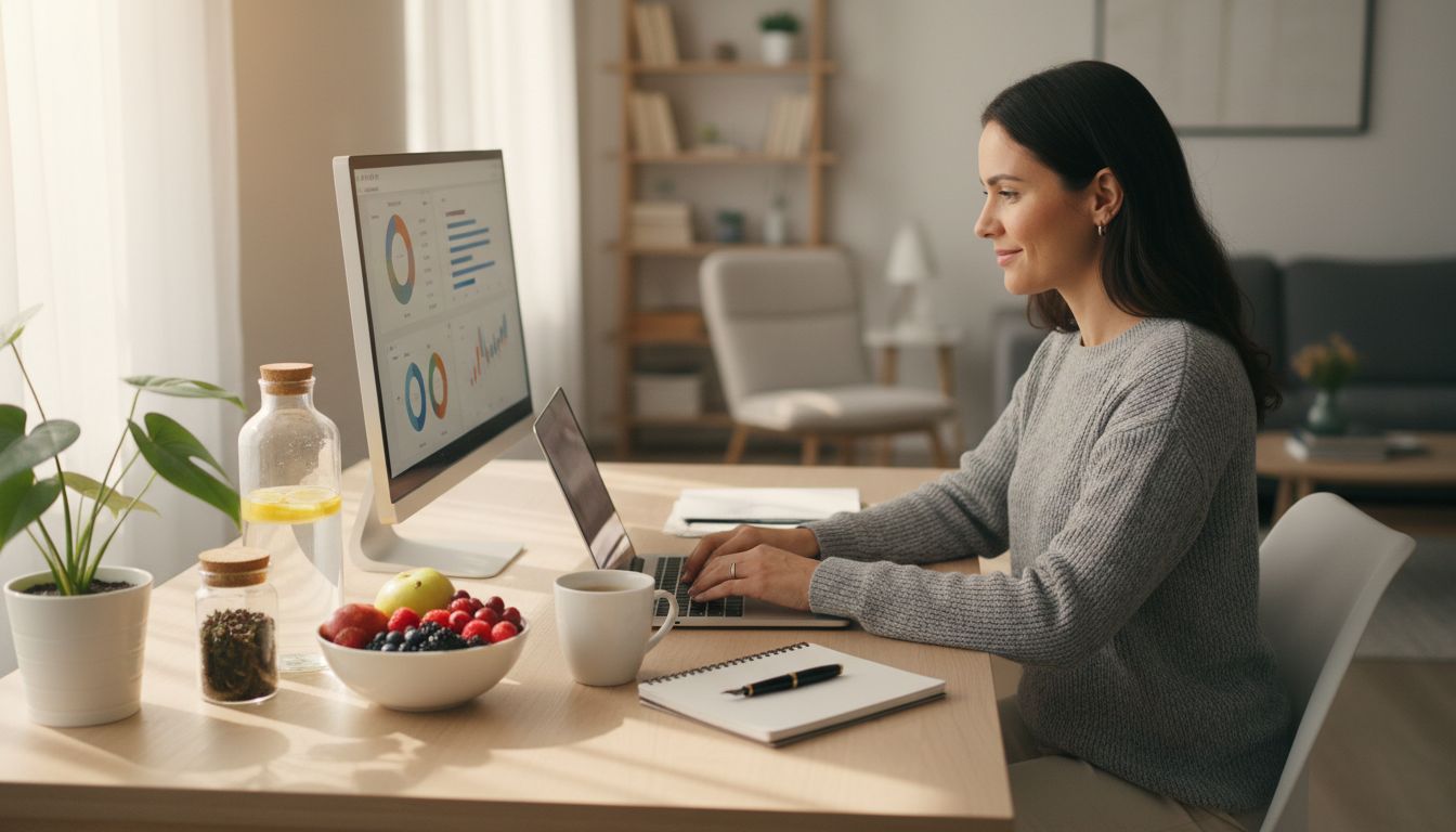 Affilié marketing productif dans son bureau à domicile avec des éléments de vie saine, dont une bouteille d'eau, des fruits frais et un espace de travail organisé