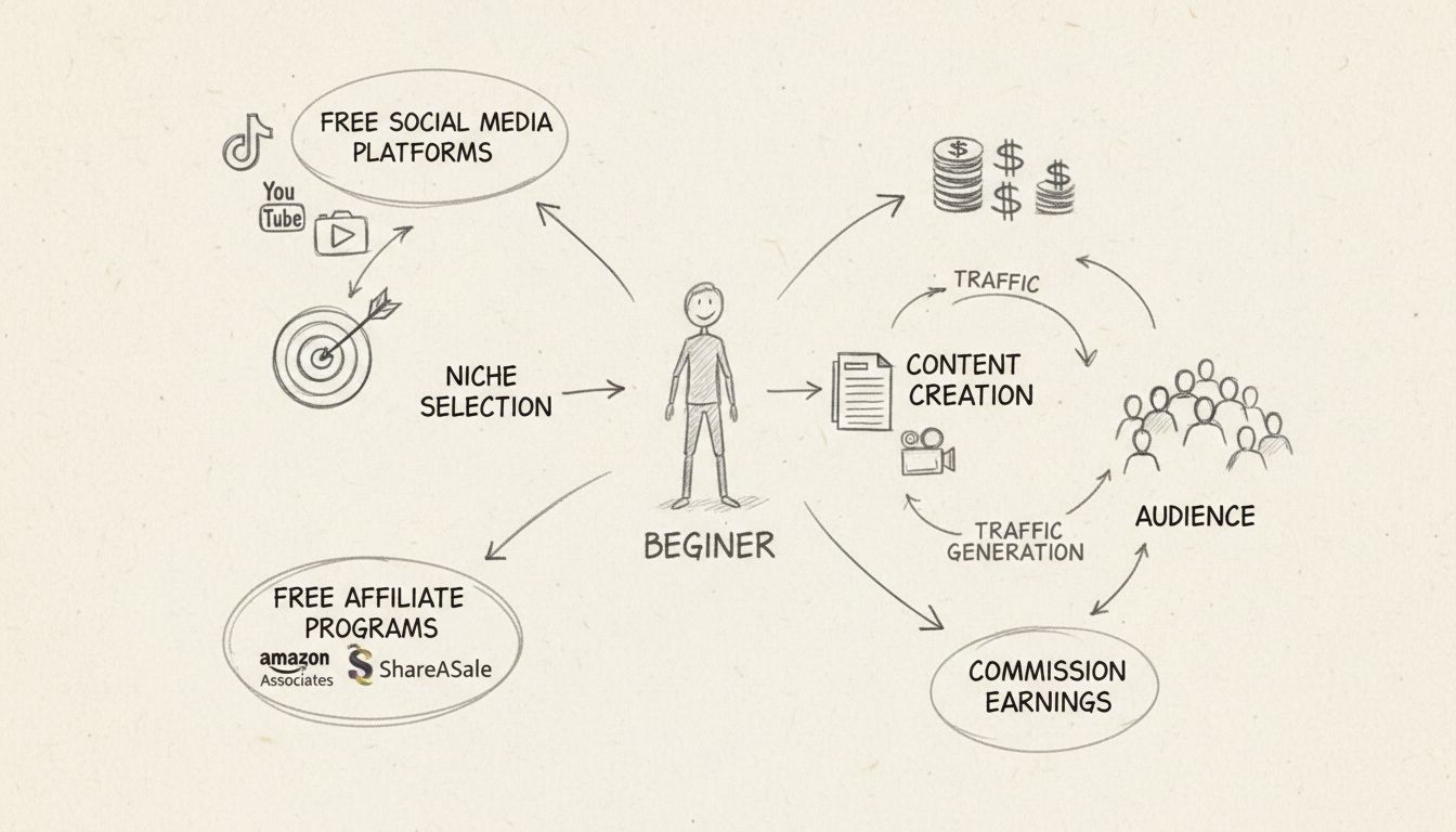 Processus étape par étape pour démarrer le marketing d'affiliation sans argent, montrant les plateformes gratuites, la sélection de niche, les programmes d'affiliation, la création de contenu, la génération de trafic et le gain de commissions