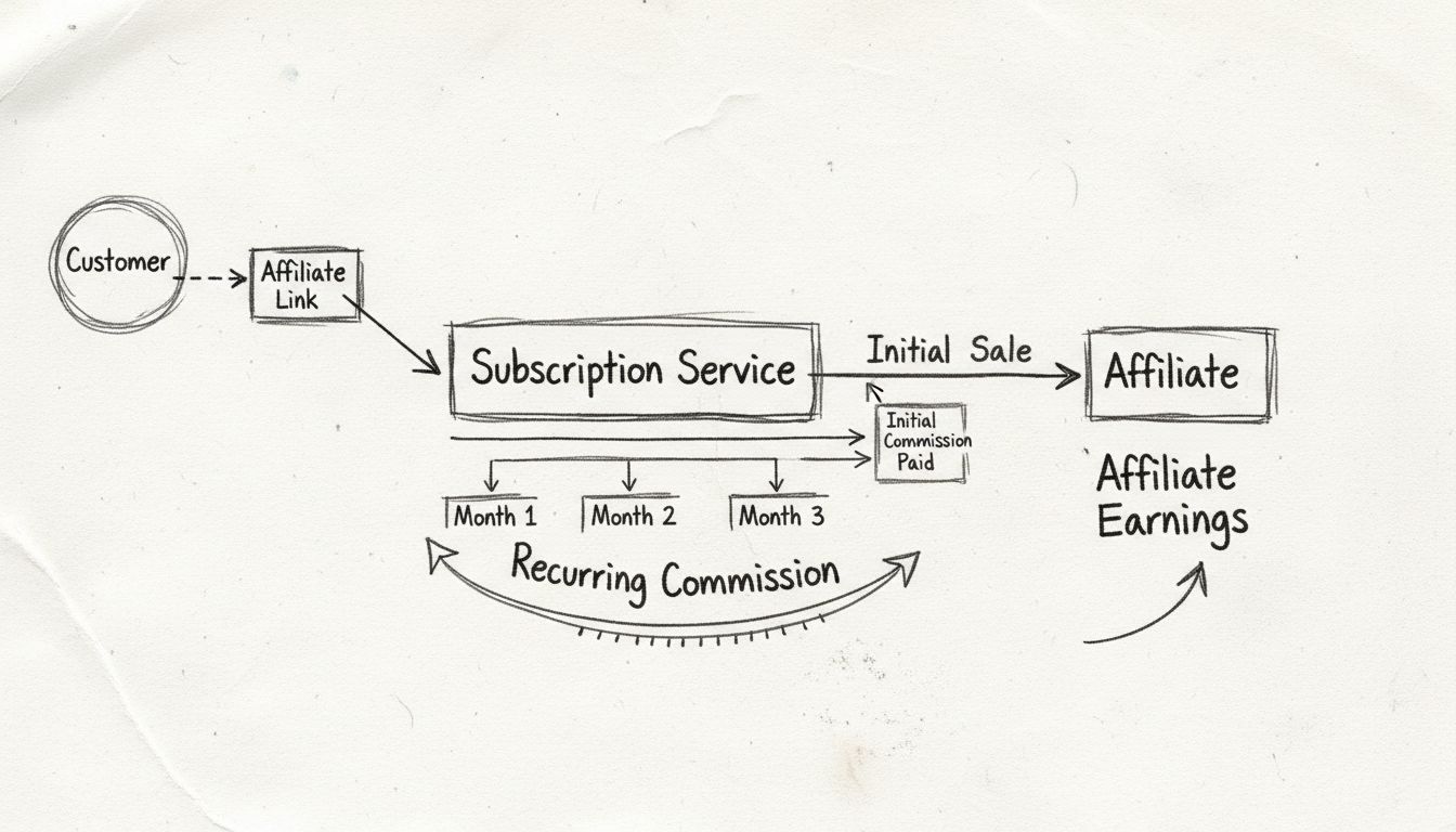 Diagramme du flux de commission récurrente montrant la vente initiale et les paiements mensuels récurrents à l’affilié