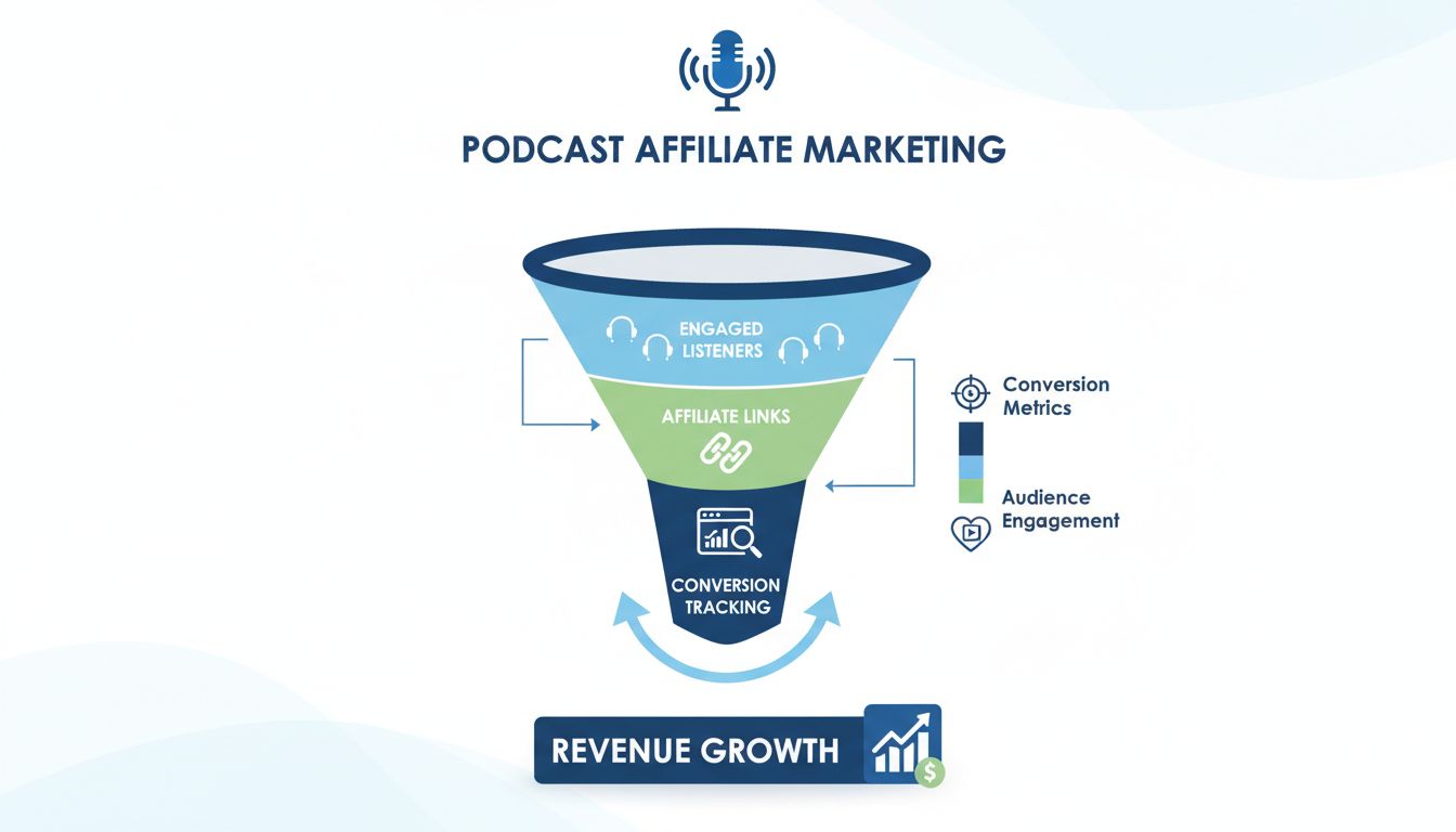 Infographie sur les avantages du marketing d'affiliation par podcast montrant l'entonnoir de conversion et les indicateurs d'engagement