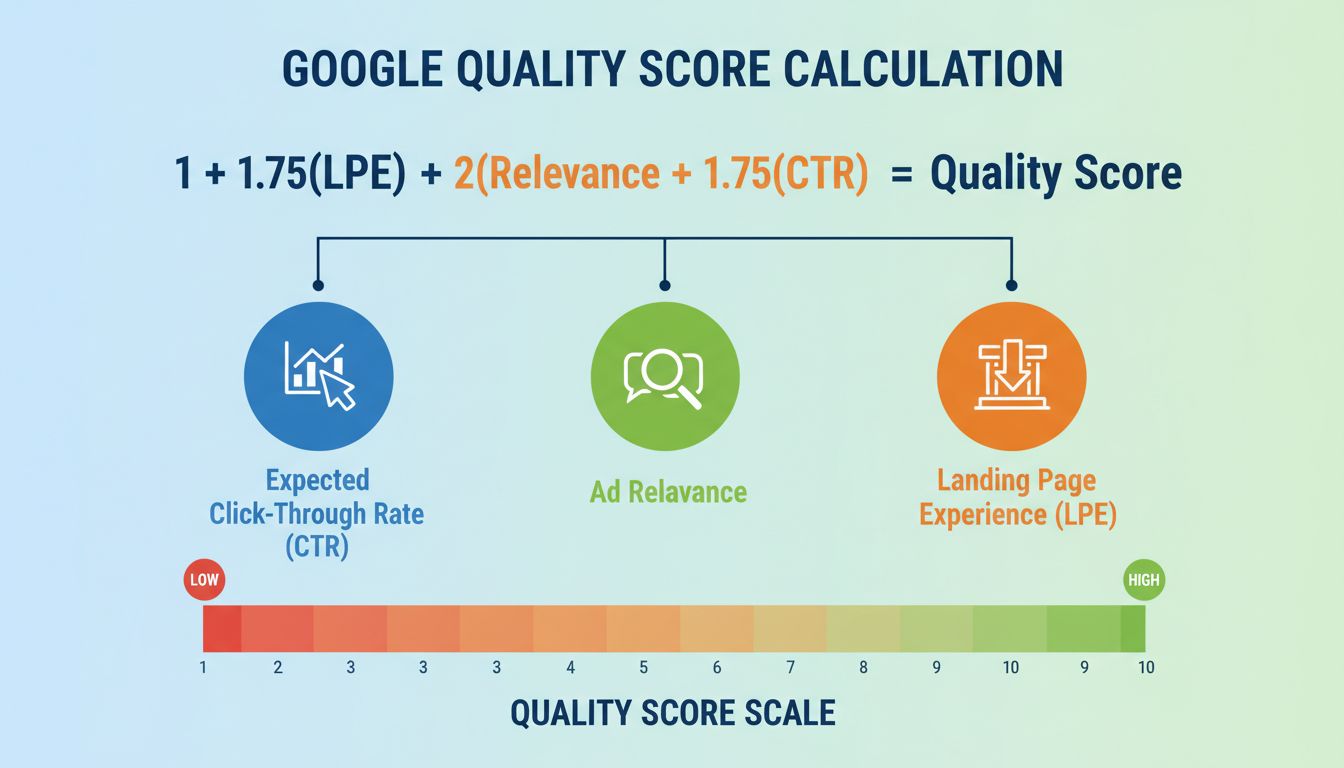 Infographie sur la formule de calcul du Quality Score Google montrant trois composants et une échelle de 1 à 10