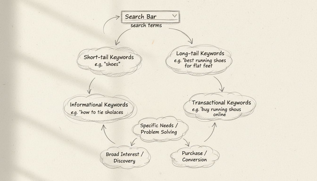 Diagramme montrant la relation entre termes de recherche, types de mots-clés et intention utilisateur, avec des flèches reliant la barre de recherche aux mots-clés courts, mots-clés longue traîne, requêtes informationnelles et transactionnelles