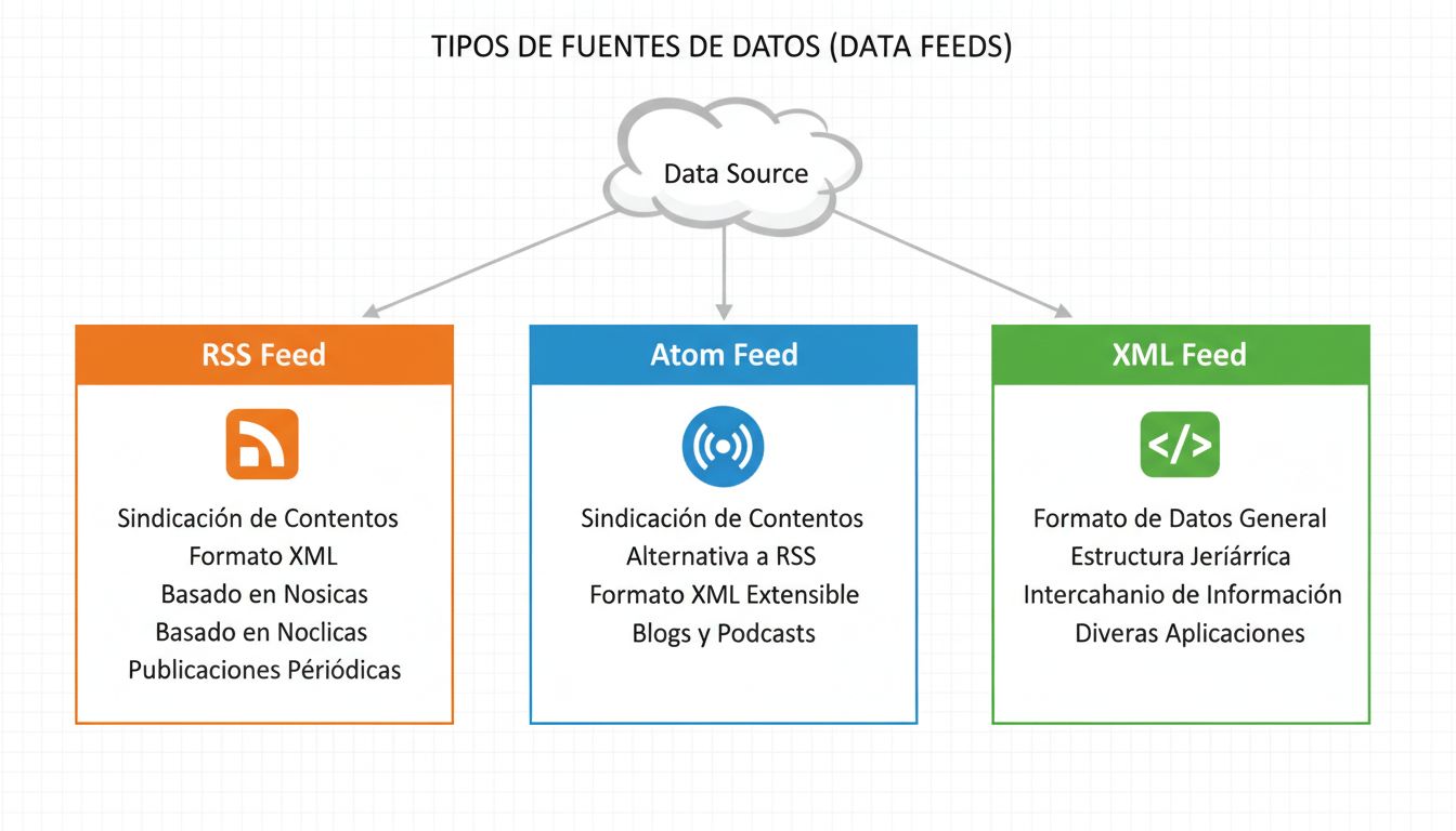 Diagramme présentant trois types de flux de données : flux RSS, Atom et XML avec leurs caractéristiques