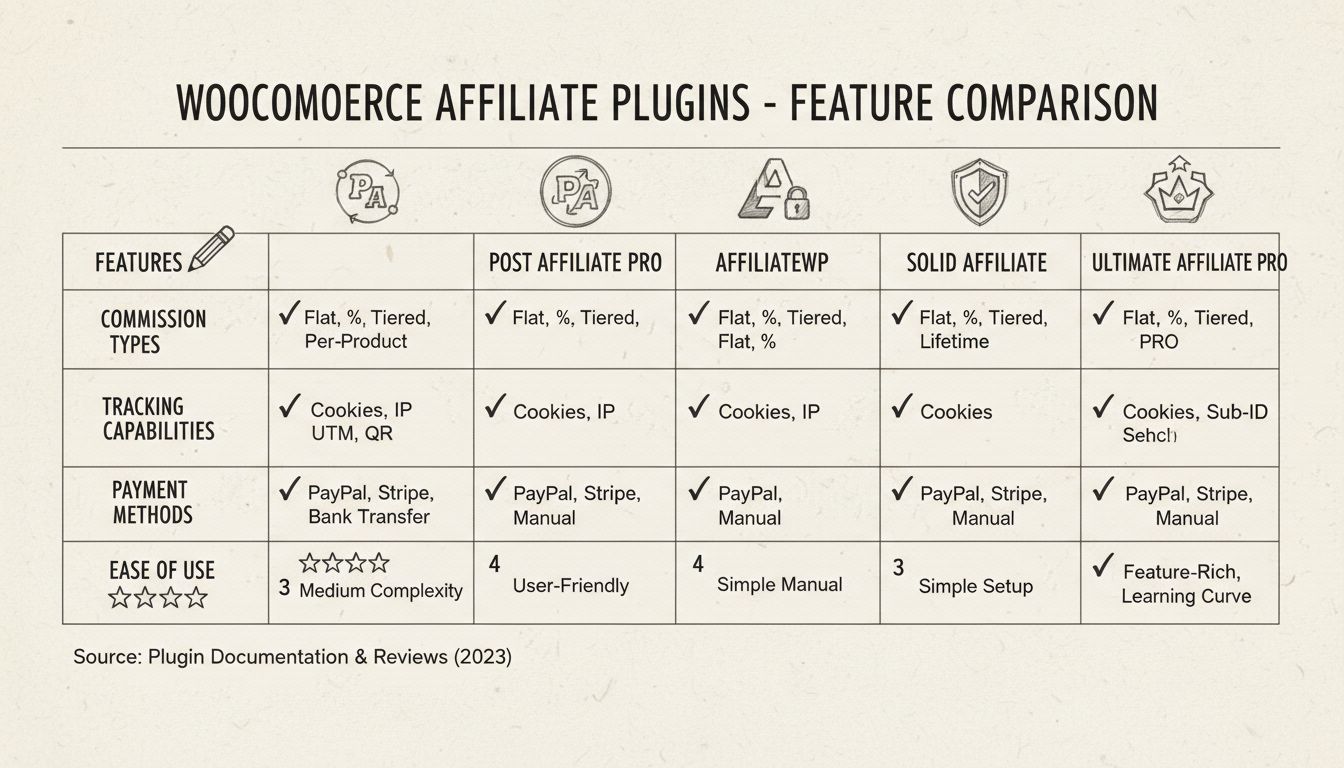 Tableau comparatif des plugins d'affiliation WooCommerce montrant les fonctionnalités de Post Affiliate Pro, AffiliateWP, Solid Affiliate et Ultimate Affiliate Pro