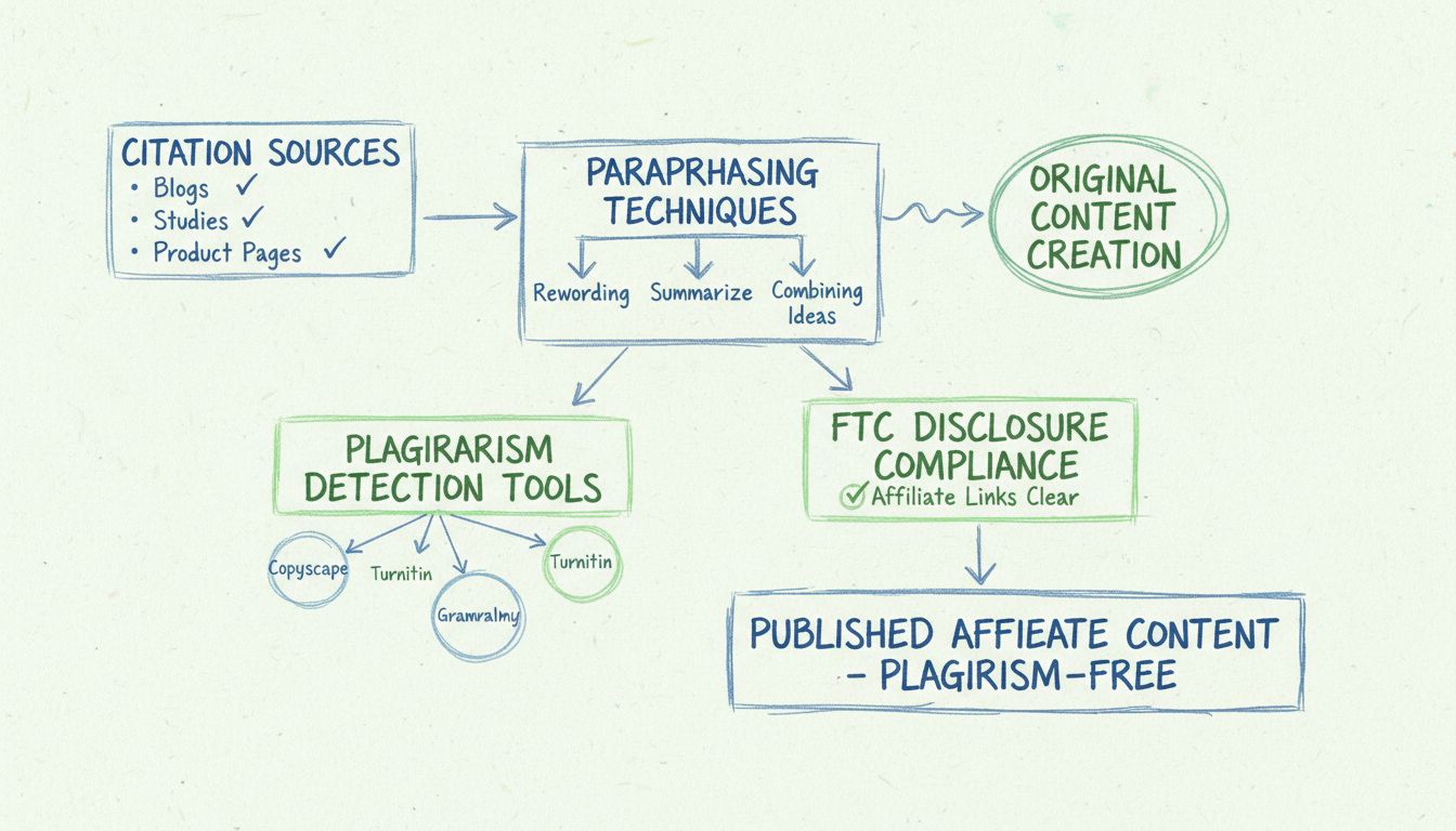 Diagramme du flux de prévention du plagiat montrant les sources de citation, techniques de reformulation, outils de détection du plagiat et étapes de conformité FTC