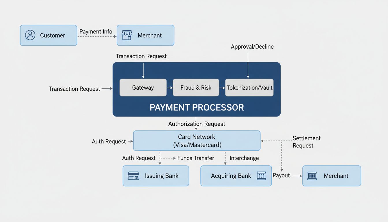 Schéma de l'écosystème des processeurs de paiement montrant le flux entre le client, le commerçant, le processeur de paiement, les réseaux de cartes, la banque émettrice et la banque acquéreuse