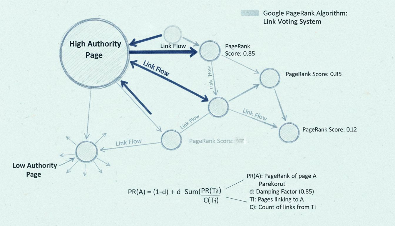 Visualisation de l’algorithme PageRank montrant un réseau de pages web interconnectées avec flux de liens et distribution de l’autorité