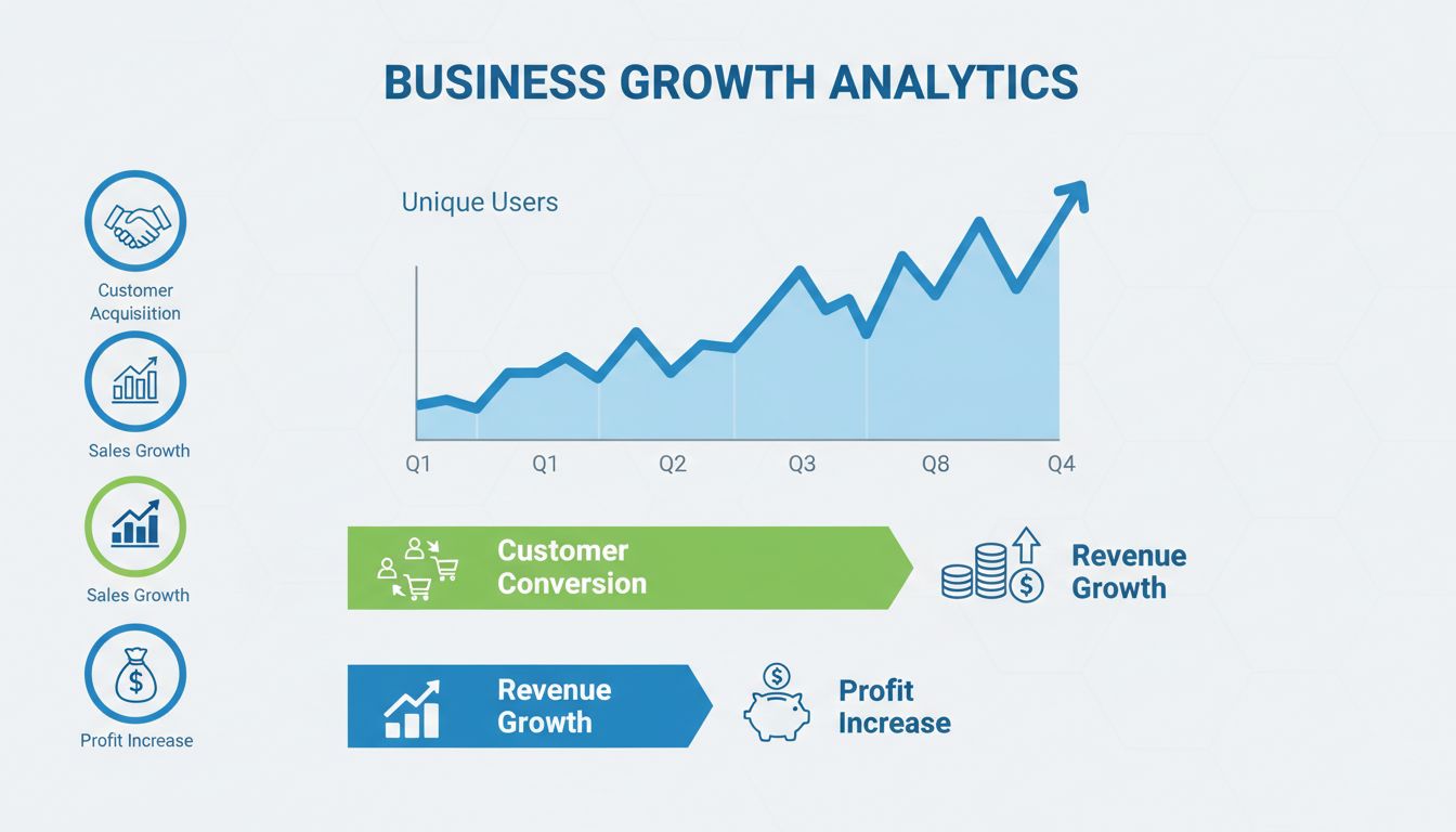 Business growth metrics showing unique users conversion to customers and revenue growth
