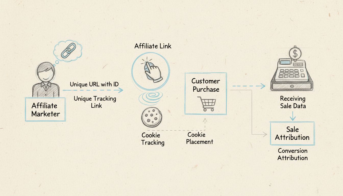 Diagramme du flux de suivi des ventes d'affiliation montrant des liens uniques, le suivi par cookie, l'achat client et l'attribution de la vente