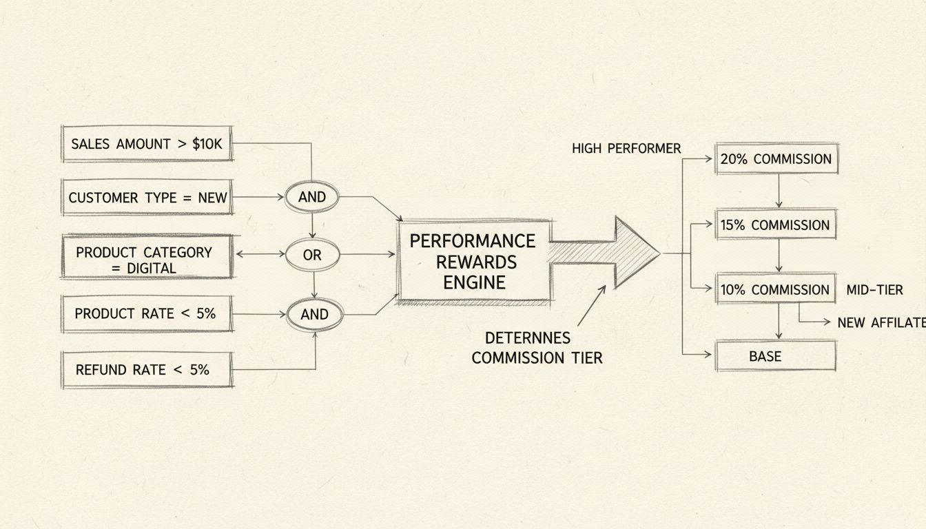 Organigramme Performance Rewards multi-conditions montrant comment les conditions se combinent pour déterminer les paliers de commission