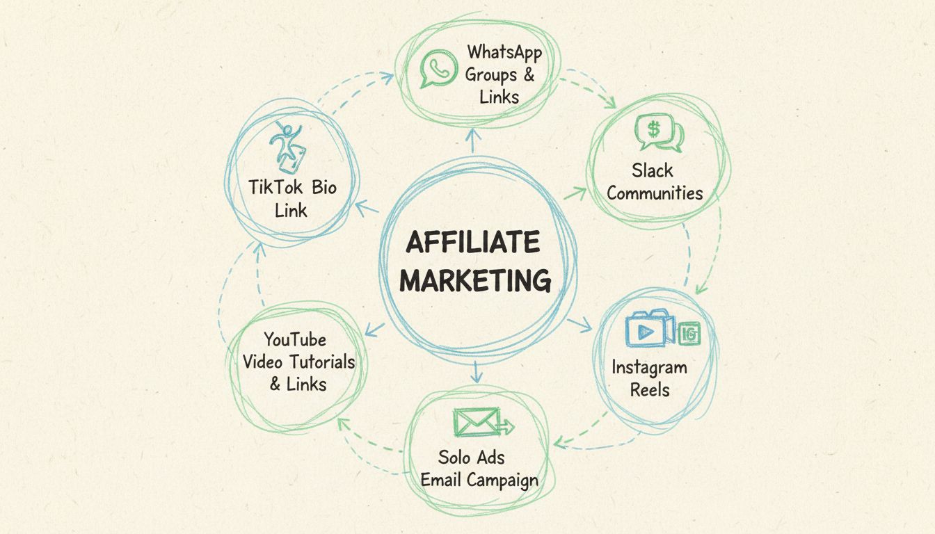 Schéma dessiné à la main montrant les méthodes non standard de marketing d'affiliation, incluant TikTok, WhatsApp, Slack, solo ads, tutoriels YouTube et Instagram Reels, organisées en flux circulaire