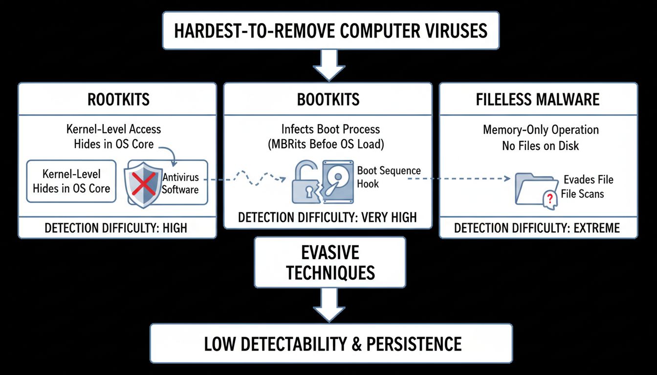 Schéma technique illustrant les caractéristiques et niveaux de difficulté de détection des rootkits, bootkits et malwares sans fichier