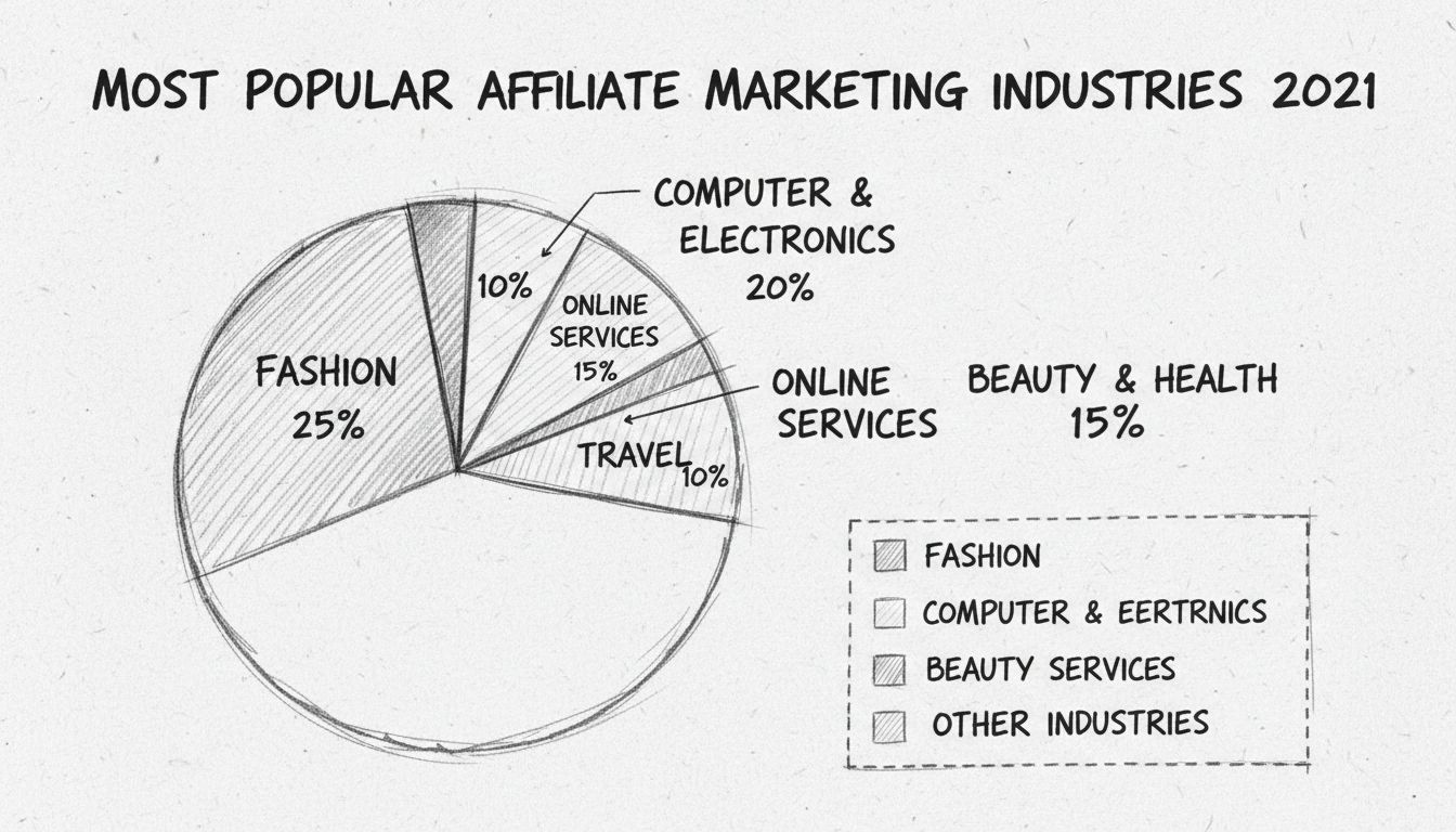 Diagramme circulaire dessiné à la main montrant la répartition du marketing d'affiliation par industrie en 2021 : Mode à 25 %, Informatique et Électronique à 20 %, Services en ligne à 15 %, Beauté et Santé à 15 %, Voyage à 10 %, et Autres industries à 15 %