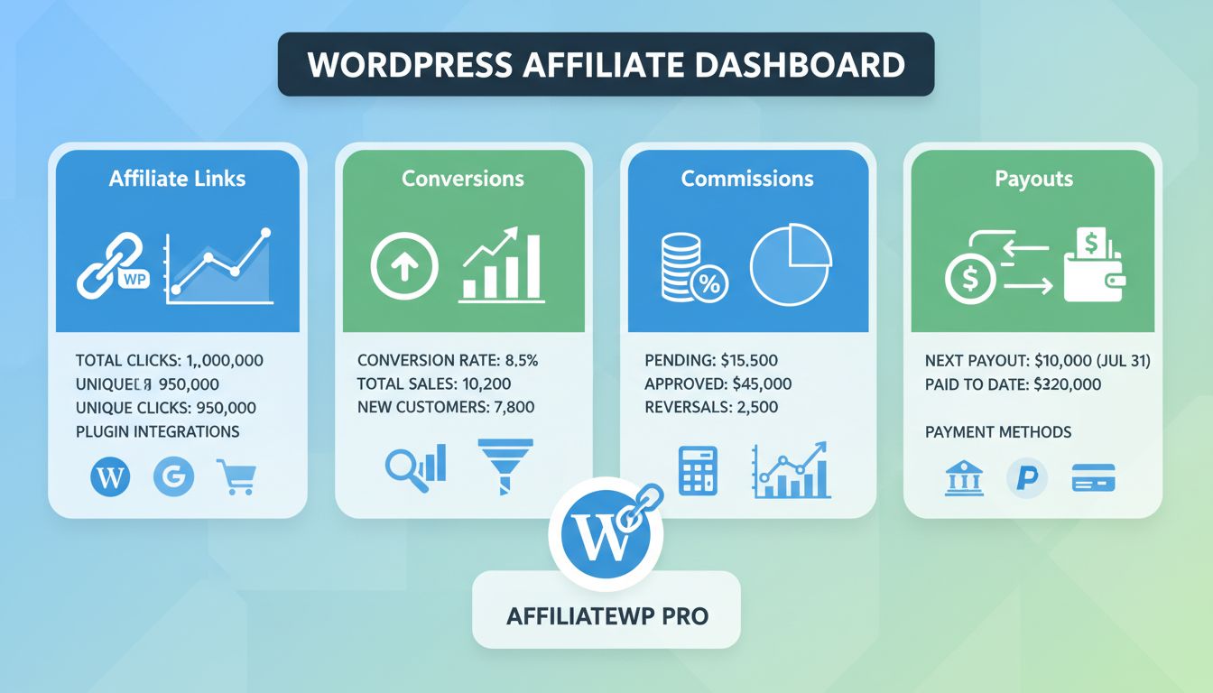 Tableau de bord WordPress pour l’affiliation montrant le suivi des conversions, la gestion des liens d’affiliation, les calculs de commission et le traitement des paiements