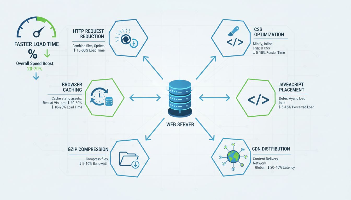 Infographie des méthodes d’optimisation de la vitesse de site web montrant la réduction des requêtes HTTP, l’optimisation des images, la mise en cache navigateur, la compression Gzip, l’optimisation du CSS, le placement du JavaScript et la distribution via CDN