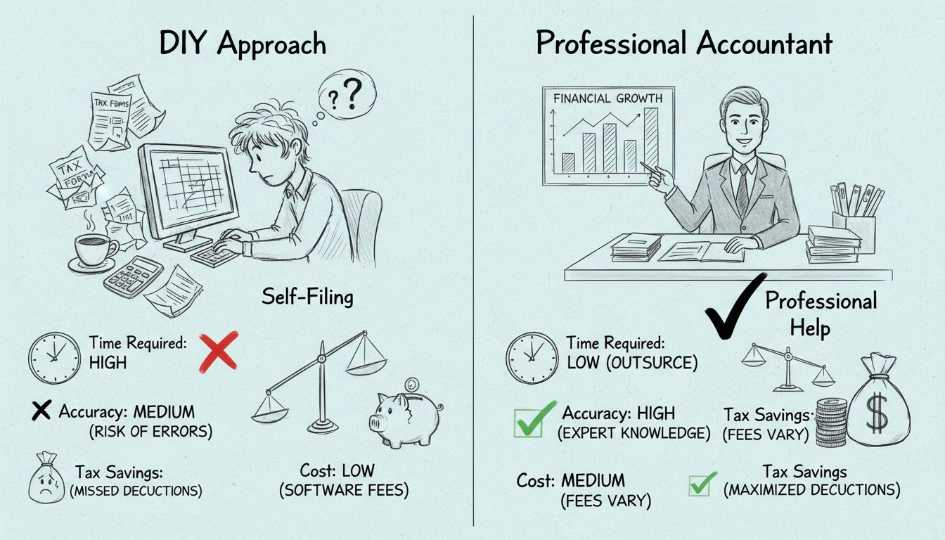Diagramme comparatif entre déclaration fiscale DIY et recours à un comptable professionnel pour les impôts d’affiliation marketing