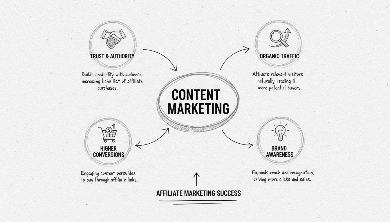 Schéma dessiné à la main montrant le marketing de contenu connecté à la confiance, au trafic organique, aux conversions et à la notoriété de marque