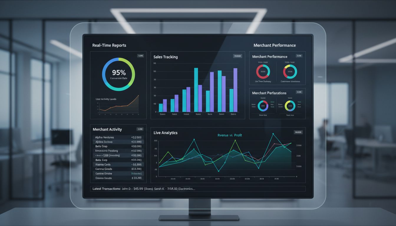 Tableau de bord en temps réel montrant les indicateurs de performance des marchands, le suivi des ventes et l'analyse en direct