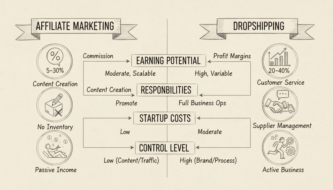 Schéma comparatif dessiné à la main du marketing d'affiliation vs dropshipping montrant potentiel de gains, responsabilités et indicateurs clés