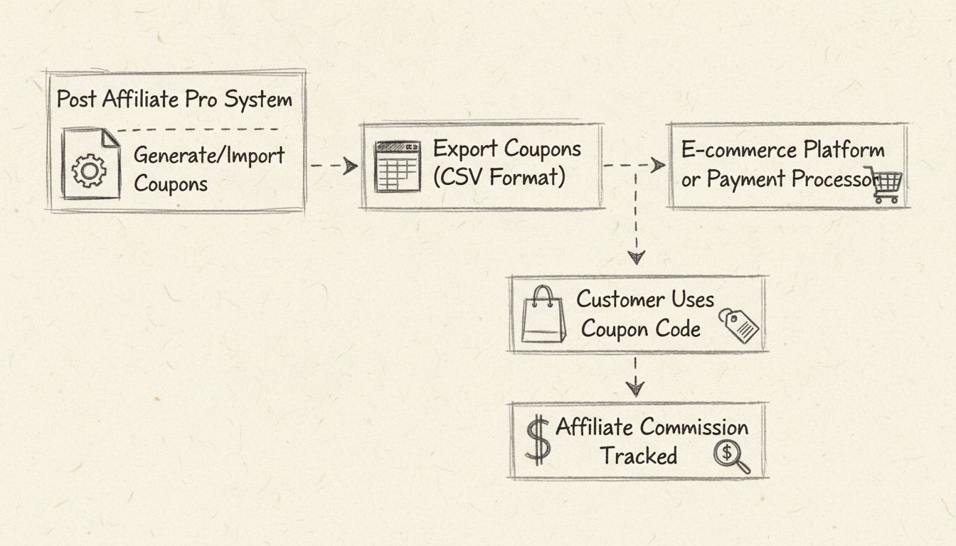 Schéma du workflow d’exportation des coupons montrant le processus depuis Post Affiliate Pro jusqu’à la plateforme e-commerce et le suivi des commissions d’affiliation