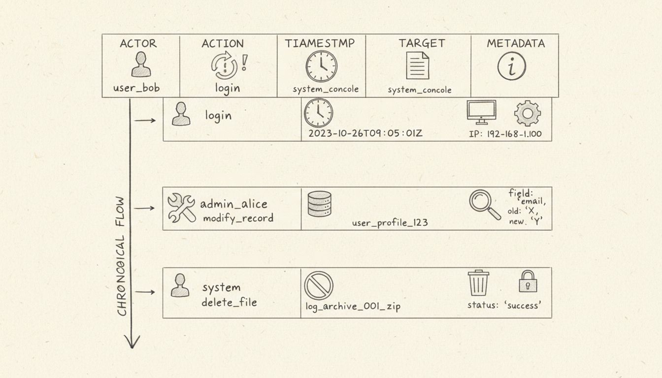 Schéma de la structure d'un journal d'audit montrant les composants Acteur, Action, Horodatage, Cible et Métadonnées dans l'ordre chronologique