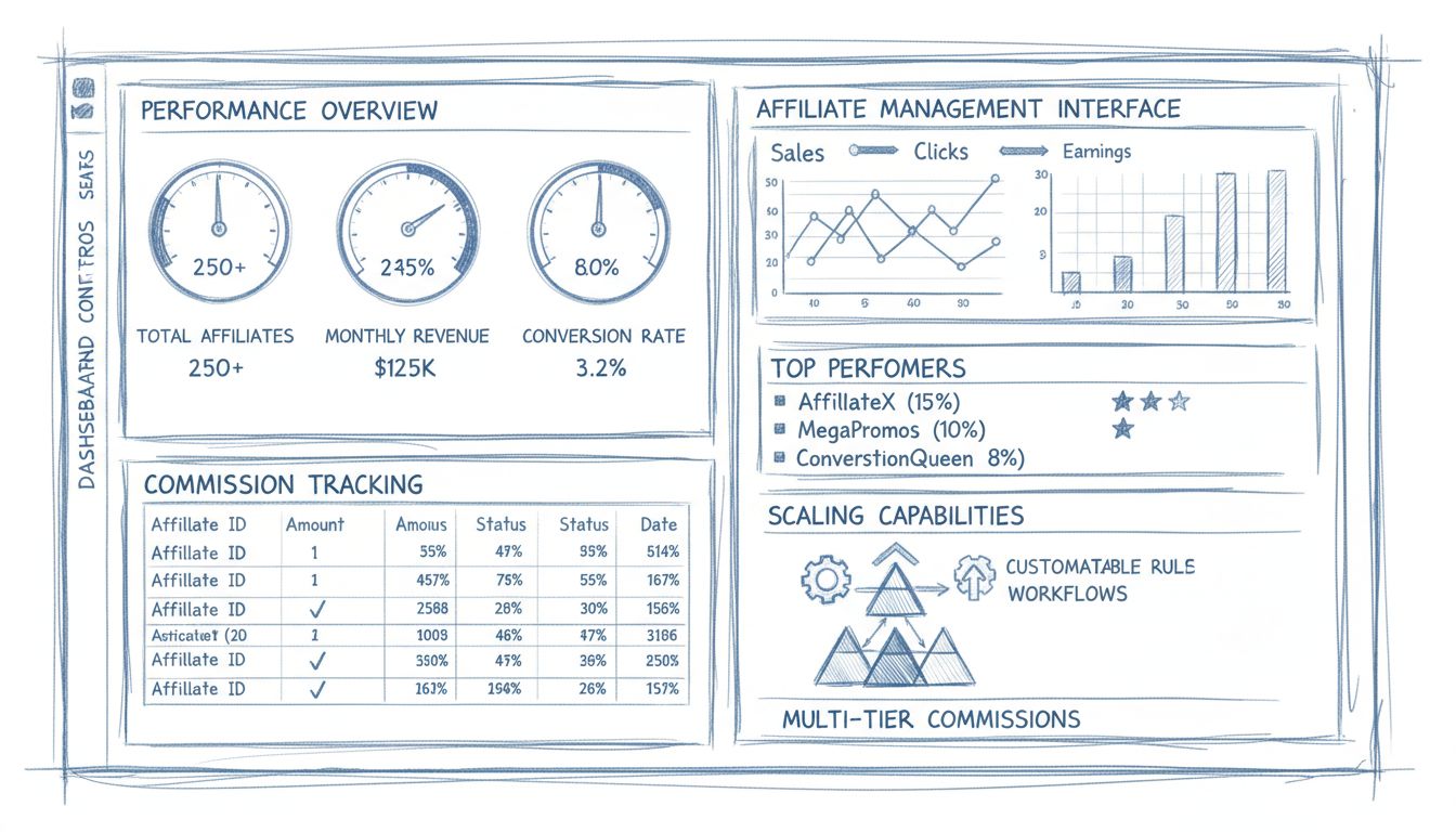 Tableau de bord professionnel du marketing d'affiliation avec métriques de performance, interface de gestion des affiliés, suivi des commissions et capacités de mise à l’échelle
