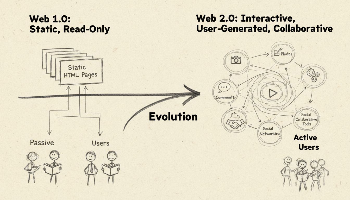 Évolution du Web 1.0 vers le Web 2.0 montrant la transformation des pages statiques en plateformes interactives de contenu généré par les utilisateurs
